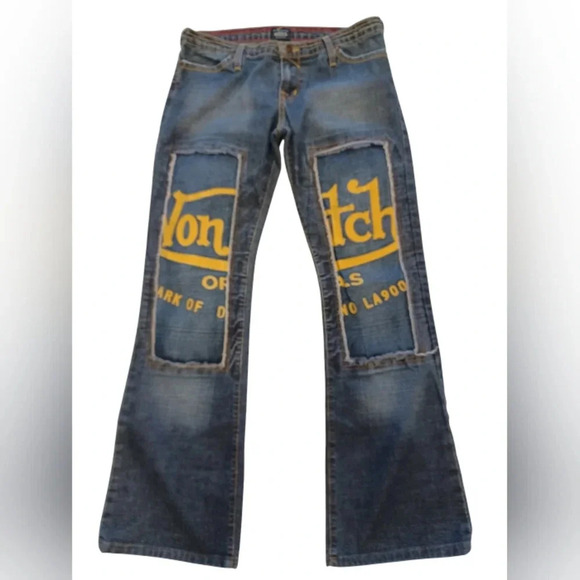 Von Dutch Vintage EUC Low Rise Flare Med Wash Graphic Jeans Size 29 - Picture 1 of 14